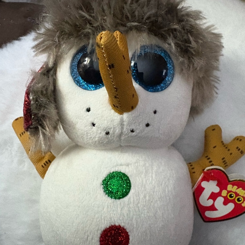 Ty Snowman Plush with Glittery Blue Eyes and Red Button